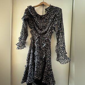Fame and Partners Black Floral Ruffle Long-Sleeve Midi Dress
